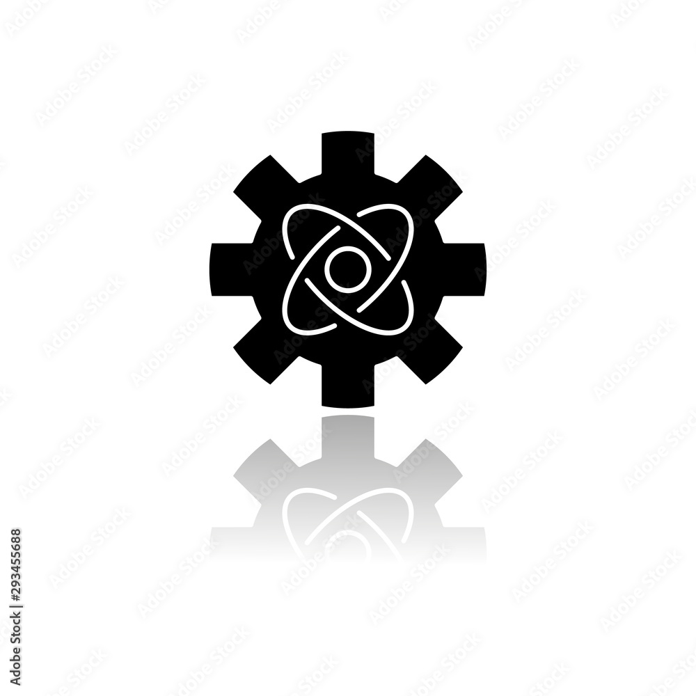 Poster engineering physics drop shadow black glyph icon. nanotech. cogwheel and atom structure model. mecha