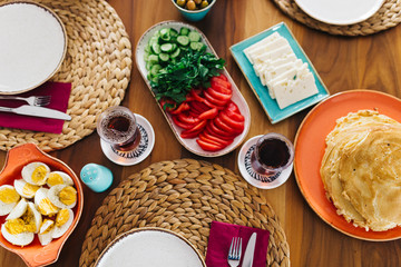 Delicious traditional turkish breakfast on table