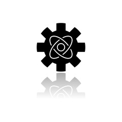 Engineering physics drop shadow black glyph icon. Nanotech. Cogwheel and atom structure model. Mechanical engineering. Nano technologies development. Nuclear energy using. Isolated vector illustration