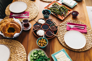 Delicious traditional turkish breakfast on table