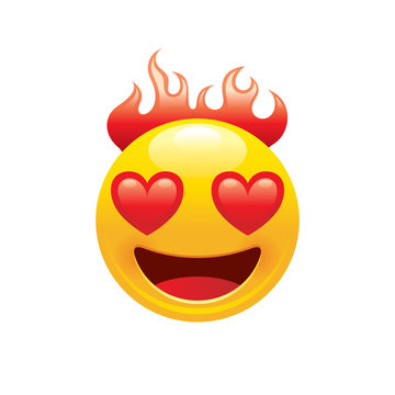 Burn fire emoji icon. 3d face smile for love chat, message design Realistic symbol for Valentine s day sticker. Cute cartoon social network sign. Vector illustration isolated white background.
