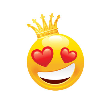Emoji in crown icon. 3d face smile for love chat, message design Realistic symbol for Valentine s day sticker. Cute cartoon social network sign. Vector illustration isolated white background.