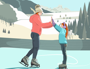 Bright vector illustration summer mom with daughter rest in the mountains holidays ice skating for books, decorations, banners presentations sites