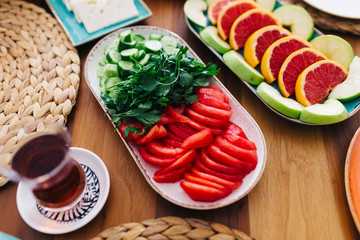 Delicious traditional turkish breakfast on table