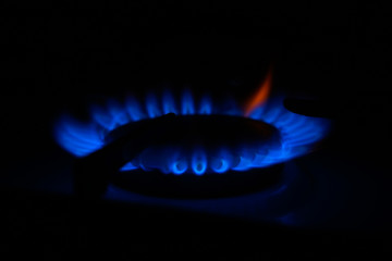 burning gas methane flame on stove burner, hob in kitchen for cooking, macro