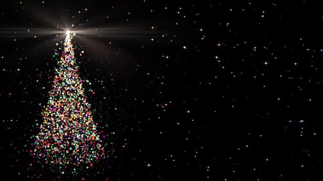 Merry Christmas greeting video card. Christmas tree with colourful shining light and twinkling stars on dark background, 4K seamless holiday animation