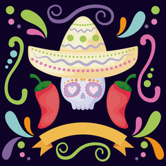 card of skull with mexican hat, mexican food