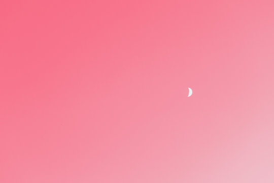 Evening Gradient Pink Sky With Crescent Moon, Copy Space