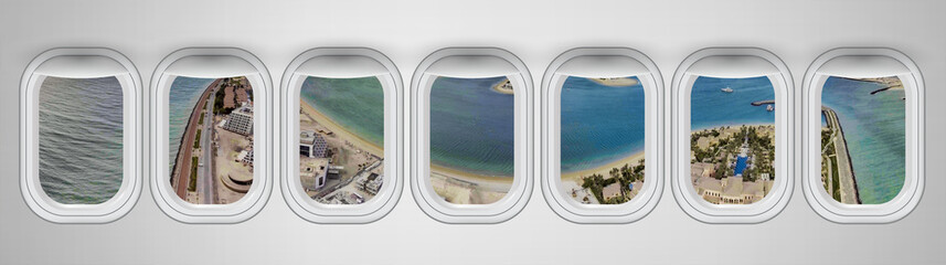 Airplane interior with window view of Dubai Pam Jumeirah Island, UAE. Concept of travel and air transportation