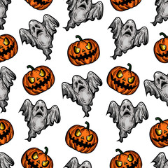 Vector hand drawn colorful seamless pattern of Halloween pumpkin and ghost in the engraving style on white background.