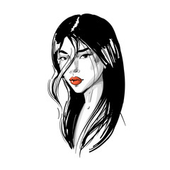 Young Asian girl with red lips and long hair. Fashion vector illustration isolated on white. Can be used as a face chart or for hairdressers Skincare, professional hairdressing, beauty salon
