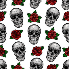 Vector hand drawn colorful seamless pattern of skull and roses in the engraving style on white background.