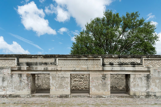 Close up of intricate mosaic fretwork of the geometric patterns called grecas. Mitla, Mexico