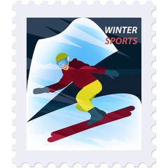 Winter sport. Postage stamp - Skier - isolated on white background - vector. Travel stamp.