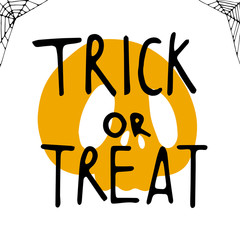 Trick or treat isolated quote and design elements on white background. Vector holiday illustration. Hand drawn doodle letters, skull for Halloween poster, greeting card, print or banner.