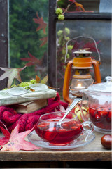 hot tea with rose hips, autumn, rain	
