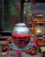 hot tea with rose hips, autumn, rain	