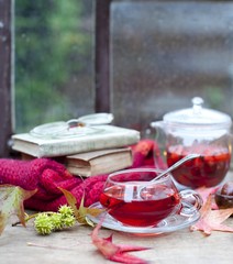 hot tea with rose hips, autumn, rain	