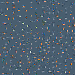 Vector repeating colorful pattern with polka dots and blue background.