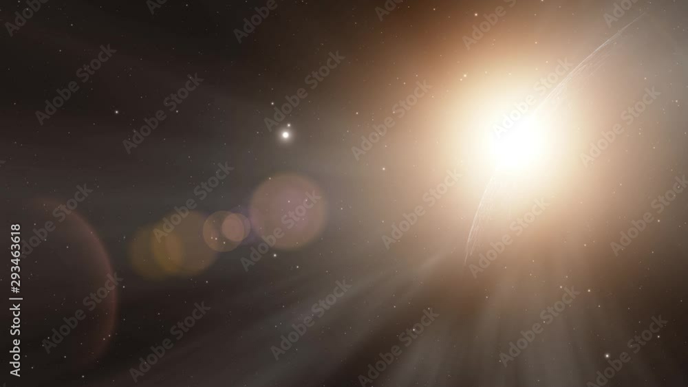 Poster artistic universe with sunlight, sunrays and abstract planet. copy space animation background.