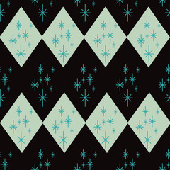 Atomic era diamond seamless pattern with starbursts. Mid century inspired design in black, mint green and blue. Great for party decorations, graphic design, textiles, wallpaper, fashion accessories.