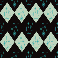 Atomic era diamond seamless pattern with starbursts. Mid century inspired design in black, mint green and blue. Great for party decorations, graphic design, textiles, wallpaper, fashion accessories.