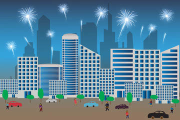 Festive patterned fireworks in the city, bursting in various forms, sparkling pictograms Abstract. New Year and birthdays. Vector illustration
