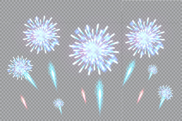 Festive patterned fireworks in the city, bursting in various forms, sparkling pictograms Abstract. New Year and birthdays. Vector illustration