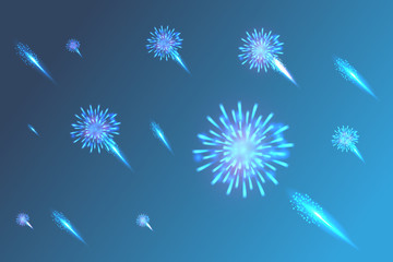 Festive patterned fireworks in the city, bursting in various forms, sparkling pictograms Abstract. New Year and birthdays. Vector illustration