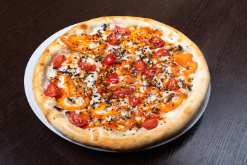 Pizza with mushrooms and vegetables and mushrooms