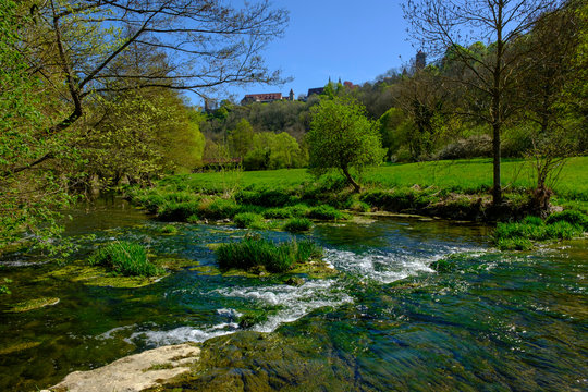Tauber river in summer, Rothenburg ob der Tauber, Bavaria, Germany