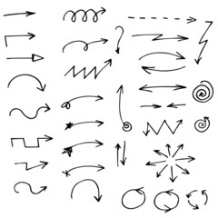 Set of vector curved arrows hand drawn. Sketch doodle style. Collection of pointers.