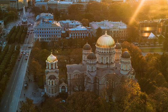 Aerial view of the Russian Church, Riga Nativity of Christ Cathedral, Riga, Latvia