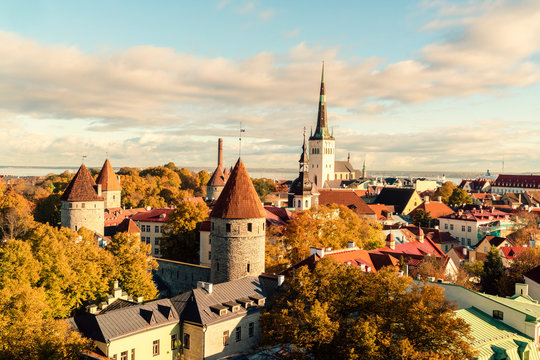 View of the old city with St. Olaf's Church and the old city walls, Tallinn, Estonia