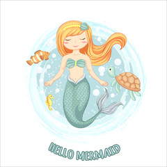 vector illustration of cute mermaid with turtle, sea horse and small fish hand drawn.
