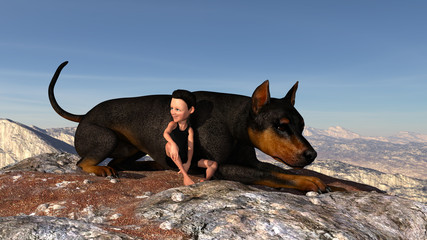 3d Illustration of a boy sitting next to a large dog