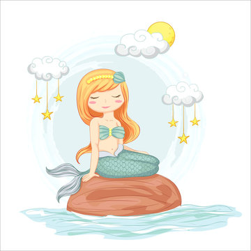 vector illustration of cute mermaid sitting on a rock with clouds and stars hand drawn.