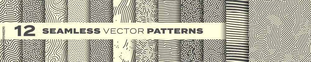 Aufkleber Seamless patterns vector set, abstract organic lines backgrounds. Creative design biological patterns with memphis dots and irregular squiggle line shape texture