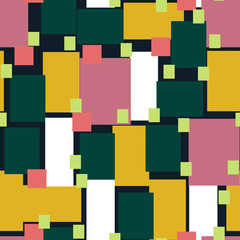 Vector seamless geometric pattern. Colorful flat overlapping rectangles on dark background. 