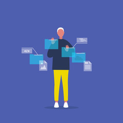 Augmented reality. Blue Holographic display. Young male character working with folders and files. Futuristic lifestyle. Office. Manager. Flat ediatble vector illustration, clip art