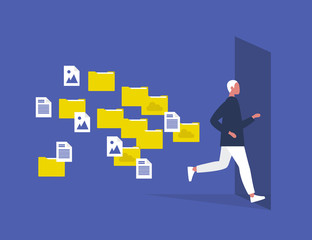 Fototapeta premium Digital hygiene. Stress. Young male character running away from the folders and computer files. Modern lifestyle. Overwhelming flow of work. Flat editable vector illustration, clip art