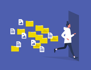 Fototapeta premium Digital hygiene. Stress. Young female character running away from the folders and computer files. Modern lifestyle. Overwhelming flow of work. Flat editable vector illustration, clip art