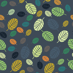 Vector seamless pattern with colorful drawn leaves on blue background. Universal pattern for clothes, packaging, home decor, background, print, textile etc.