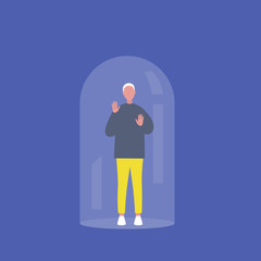 Young male character trapped under the glass dome calling for help. Mental health concept. Flat editable vector illustration, clip art