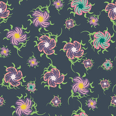 Vector repeating floral pattern with abstract purple flowers on dark background.