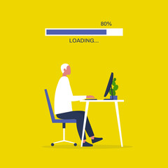Young male manager sitting in front of the monitor. Modern office. Millennials at work. Business process. Flat editable vector illustration. Loading bar. Progress indicator.