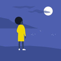 Late night walk. Nature. Moonlight. Travel. Solitude. Flat editable vector illustration, clip art. Young black female character looking at water