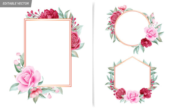 Watercolor floral frame. Elegnat red and peach flowers decoration set for wedding invitations and card composition. Vector botanic roses, peonies, leaves, branch, leaves elements