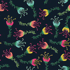 Fototapeta na wymiar Vector seamless hand drawn floral pattern with colorful flowers on dark background. 