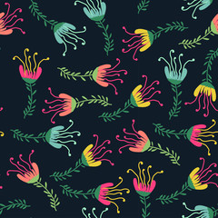 Vector seamless hand drawn floral pattern with colorful flowers on dark background. 